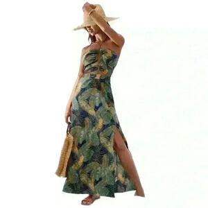 SHEIN VCAY Tropical Print Criss-Cross Strap Open Back Drawstring Thigh Slit M